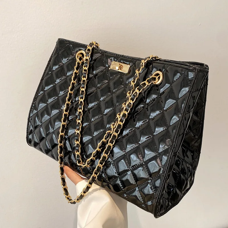 

Women Totes Bags Quilted Patent Leather Shoulder Bag Large Capacity Metal Chain Crossbody Bag Shopper Satchel Female Bolsos