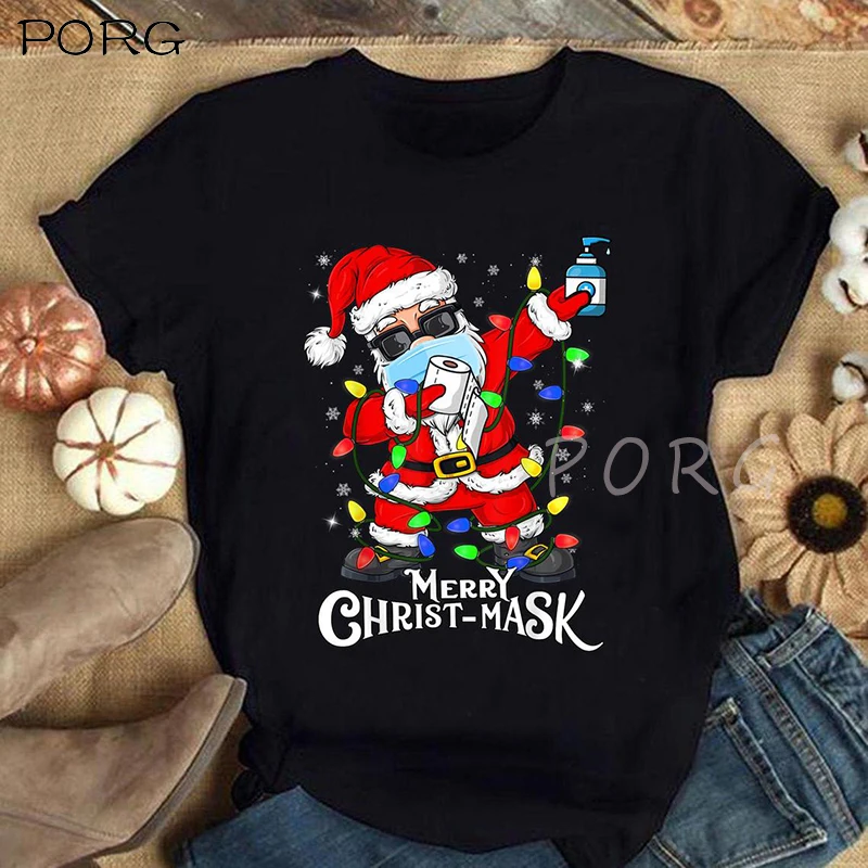 

Women Santa Claus Merry Christmas Reindeer Black T-shirt Girl Short Sleeve Funny Christmas Dear Santa Just Bring Wine T-Shirt