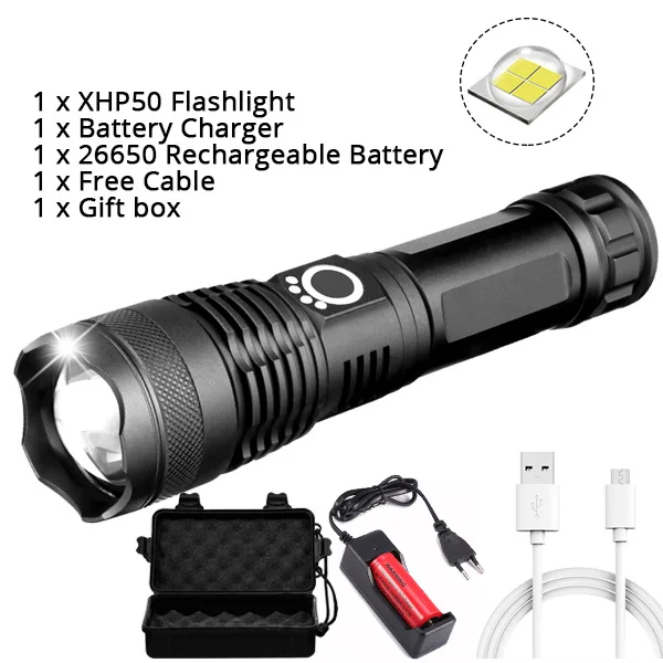 Package D Сверхмощный светодиодный фонарь XHP70.2 Xlamp XHP50, яркий USB фонарь с зумом, 18650, 26650, перезаряжаемый охотничий фонарь, 5 режимов - Испускаемый цвет: Package D