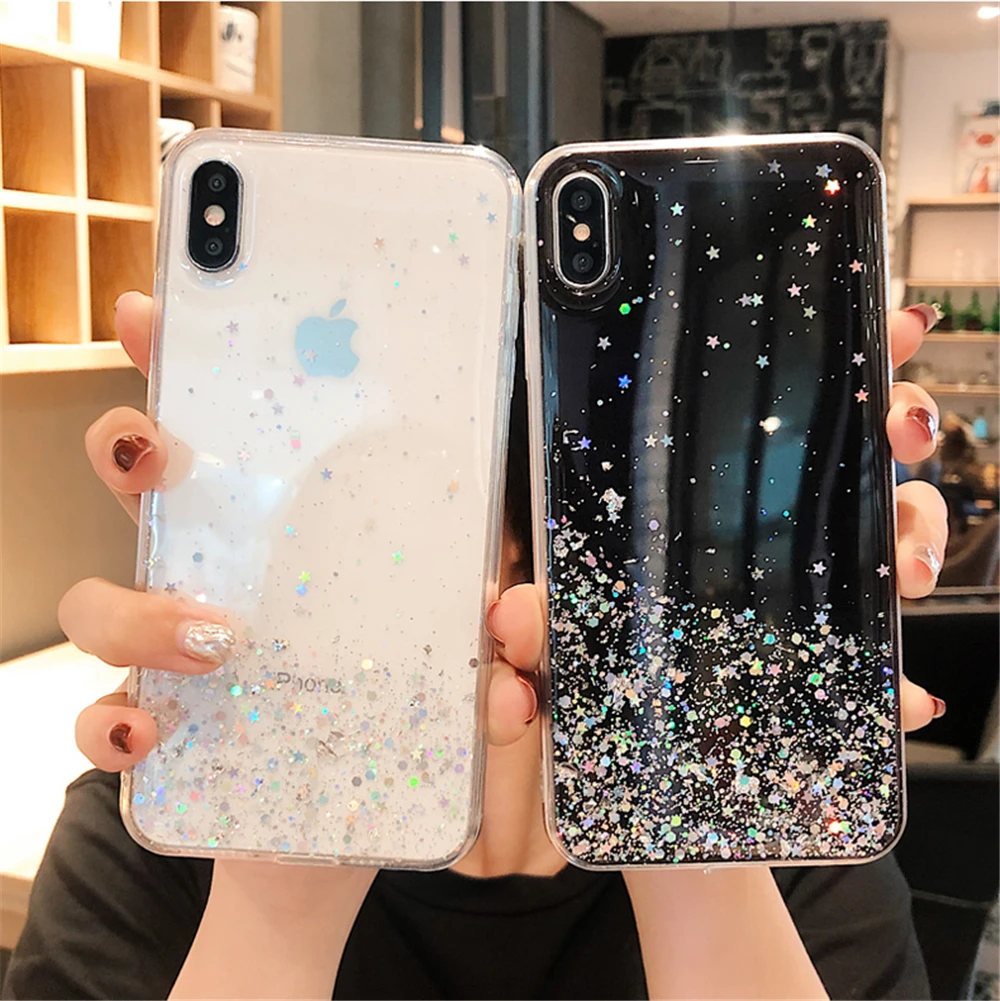 Glitter Bling Star Sequins Case For iPhone 8 7 Plus 7p 6 S 6s Clear Transparent Cases For iphone X XR XS MAX 10 Soft TPU Cover