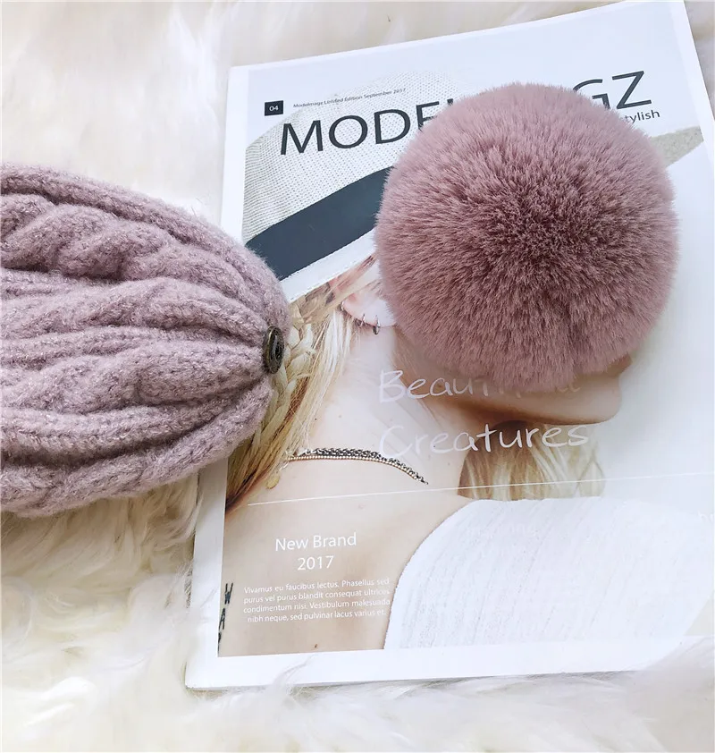 Fashion Warm Knitted Women's Hat Striped Winter Hats For Women Pink Fur Pompom Wool Beanies Thick Skullies Cap faux Pom pom |