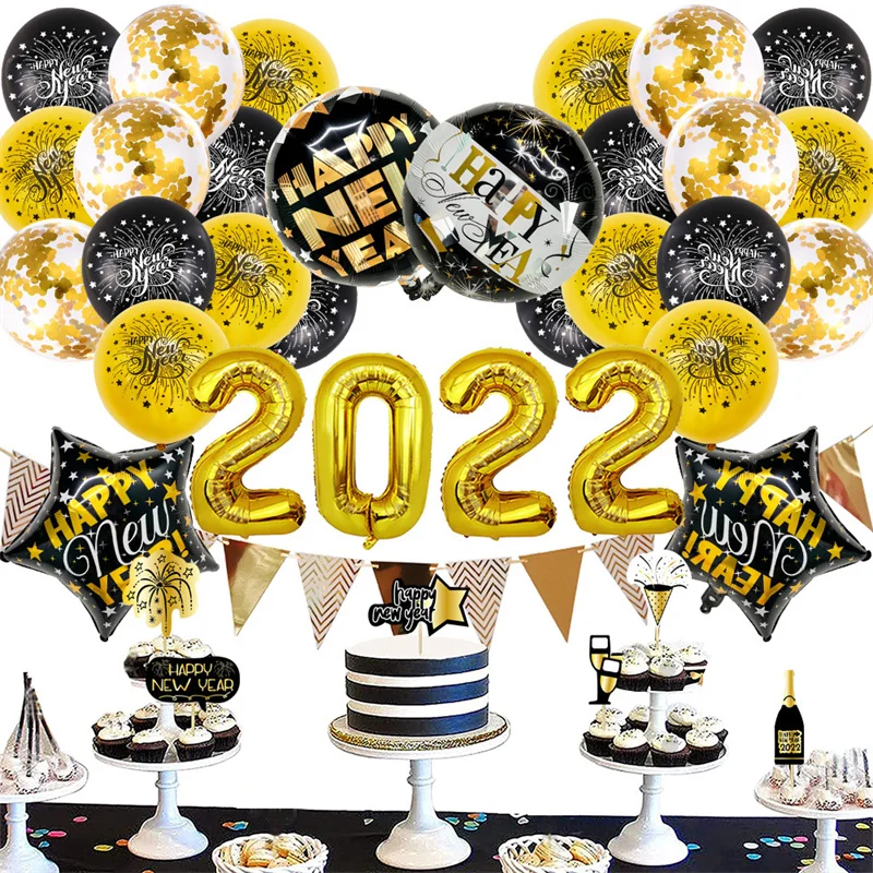 

New Year Party Decoration 2022 Black Golden Deco New Eve Family Party Decor Foil Balloon Paper Cupcake Topper Christmas Supplies