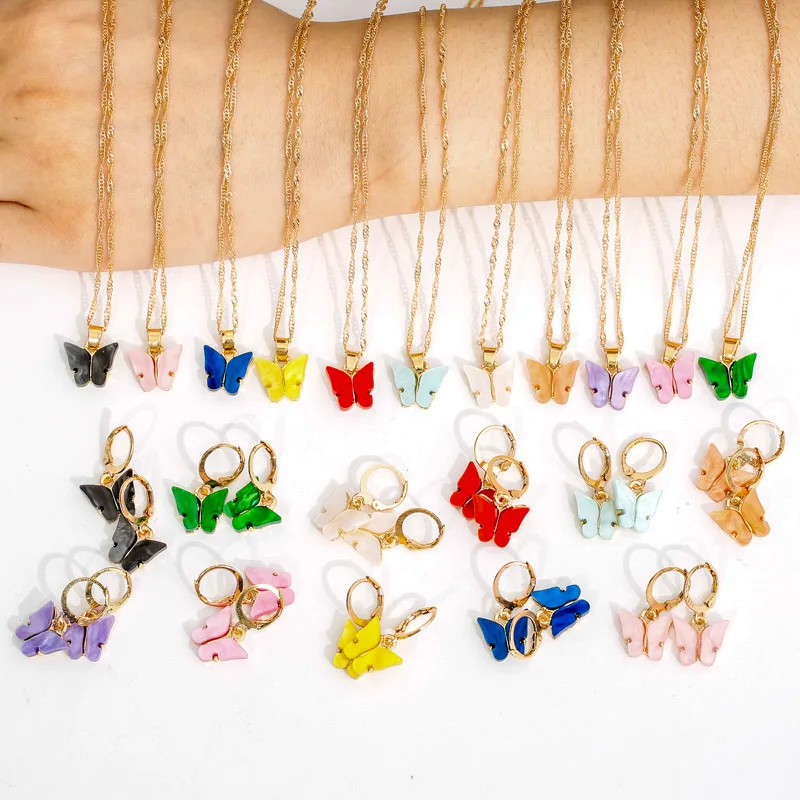 

Fashion Necklace Earrings Jewelry Set Colorful Butterfly Crystal Rhinestone Zircon Gold Color Necklace Earring Set