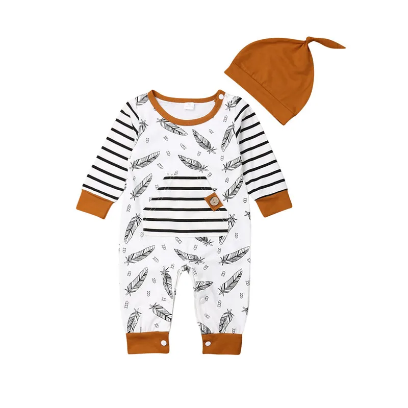 

Комбинезоны с длинным рукавом и принтом перьев для маленьких мальчиков и девочек, комбинезоны + шапочка, одежда для малышей на весну и осень