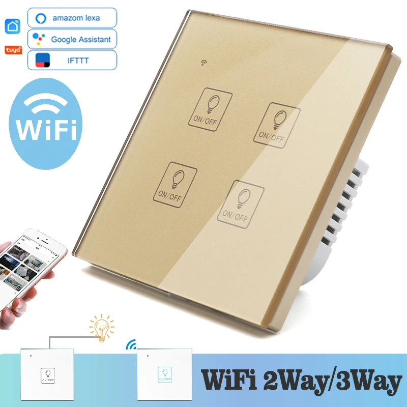 

WIFI Touch Light Icon Wall Switch Gold Glass Blue LED Universal Smart Home Phone Control 4 Gang 2 Way relay Alexa Google Home