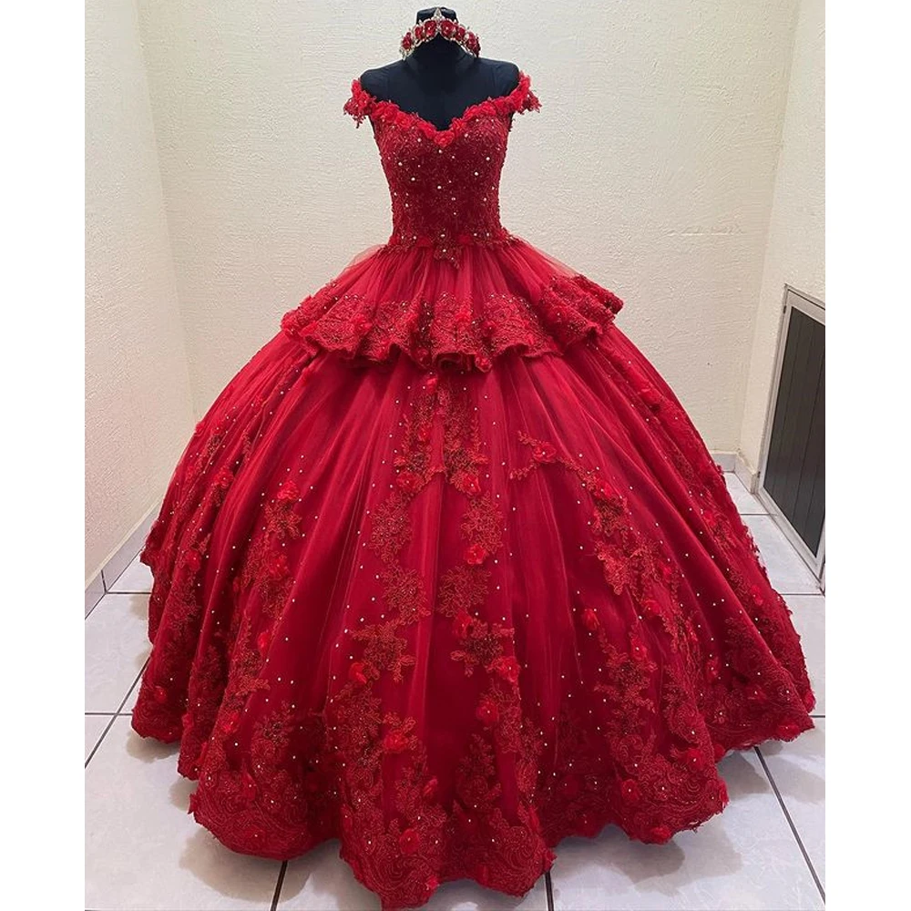 

Quinceanera Red Off The Shoulder Luxury Lace Party Vestidos 15 Anos Vintage Birthday Party Dress