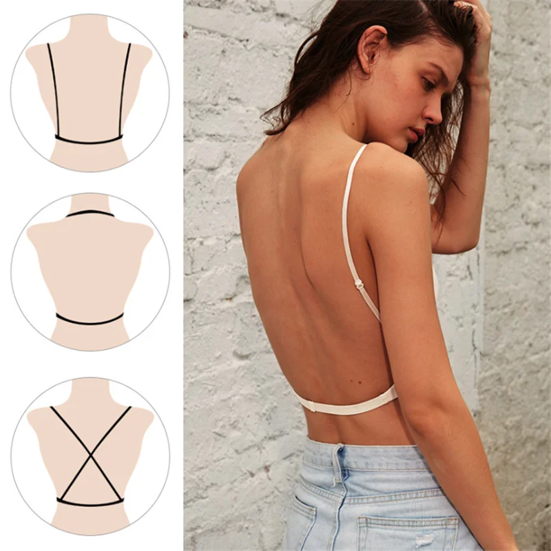

New Sexy Low Back Bralette Ladies U Backless Invisible Lace Bra Polka Dot Mesh Ultra Thin Underwear Women Lingerie Tank Top Bras