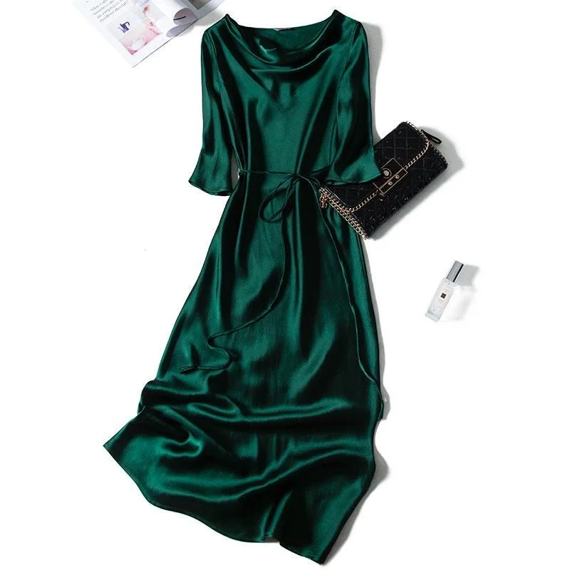 Платье женское однотонное атласное с рукавом до локтя Модное Длинное мягкое