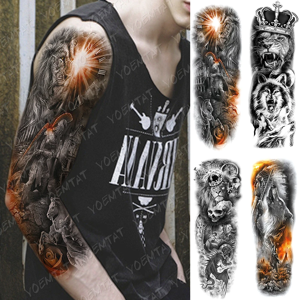 

Large Arm Sleeve Tattoo Lion Roman Warrior Samurai Waterproof Temporary Tatto Sticker Wolf Skull Dragon Body Art Full Fake Tatoo