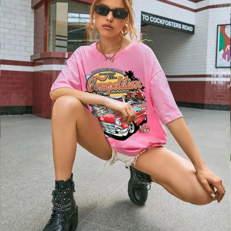 sunfiz YF DreamCar Women Tshirt Hawaii Graphic T-shirt Car Print Short Sleeve Oversized Top Summer Harajuku Ladies | Женская одежда