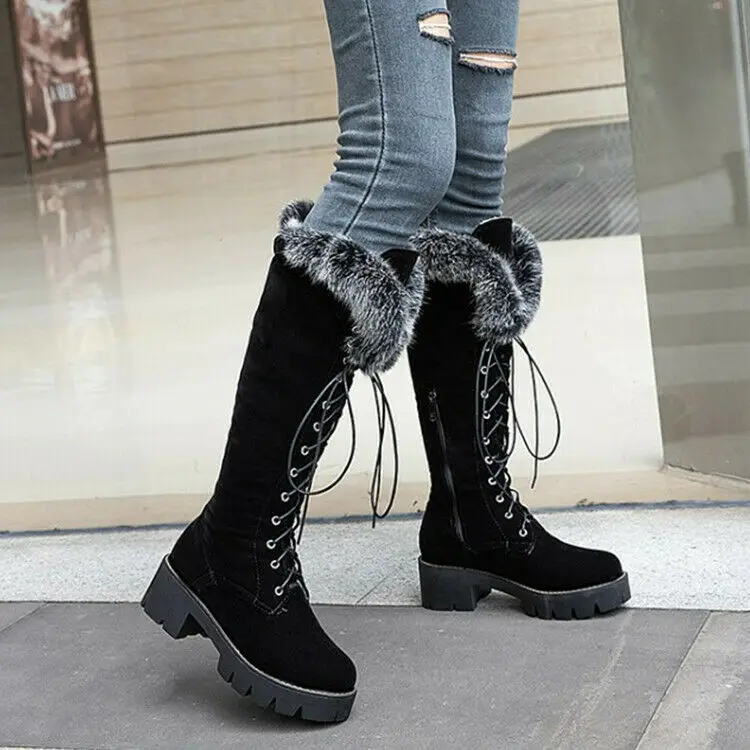 

Женские ботинки до середины икры на массивном каблуке, с меховой отделкой, на шнуровке, осенняя Повседневная Теплая обувь, новинка