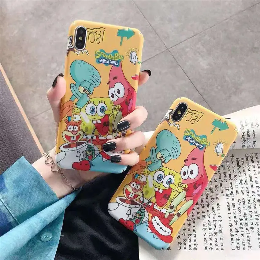 Тонкий жесткий чехол для телефона iPhone XR XS MAX 6s 7 8 Plus милый счастливый SpongeBob квадрат