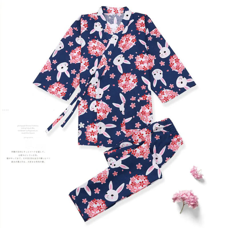 Японской традиции Стиль милые Сакура принт кролик детские пижамы со штанами
