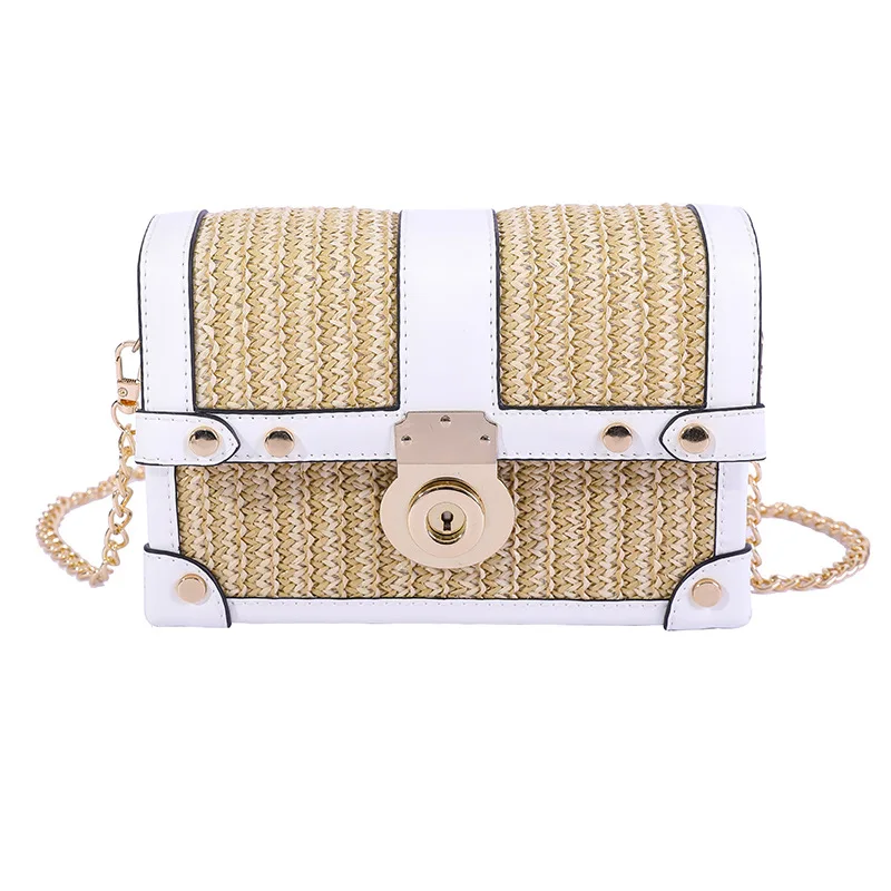 

2021 Summer New Simple Chain PP Straw Woven One-shoulder Box Female Bag Horizontal Square Lock Diagonal Small Square Bag