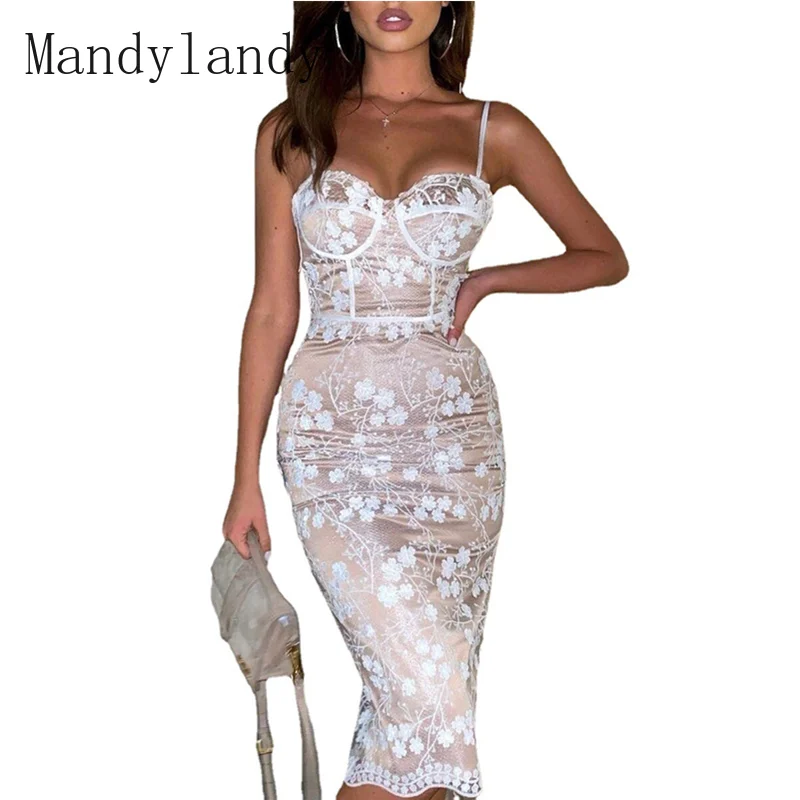 

Женское сексуальное Сетчатое облегающее платье Mandylandy с вышивкой, элегантное Кружевное облегающее платье-карандаш без рукавов с лямкой на ш...