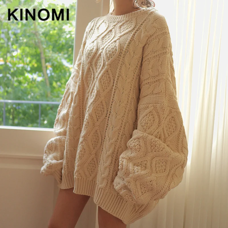 KINOMI осенне-зимний теплый женский пуловер свитер с круглым вырезом вязаный
