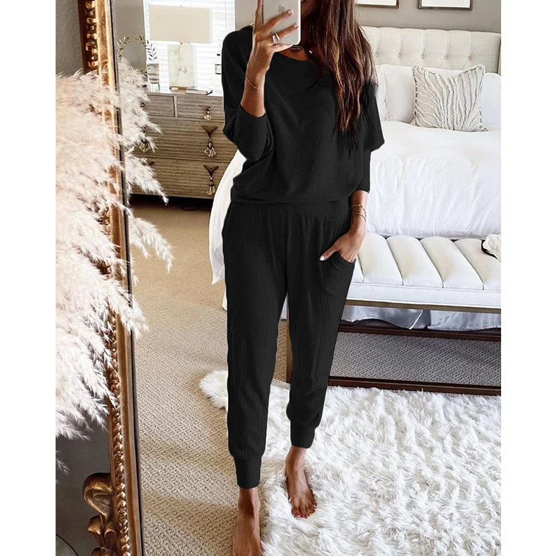 

2-Pcs Women's Long Sleeve Sportswear, Solid Color Crew Neck Top, Baggy Long Pant with Pocket Outfit Set