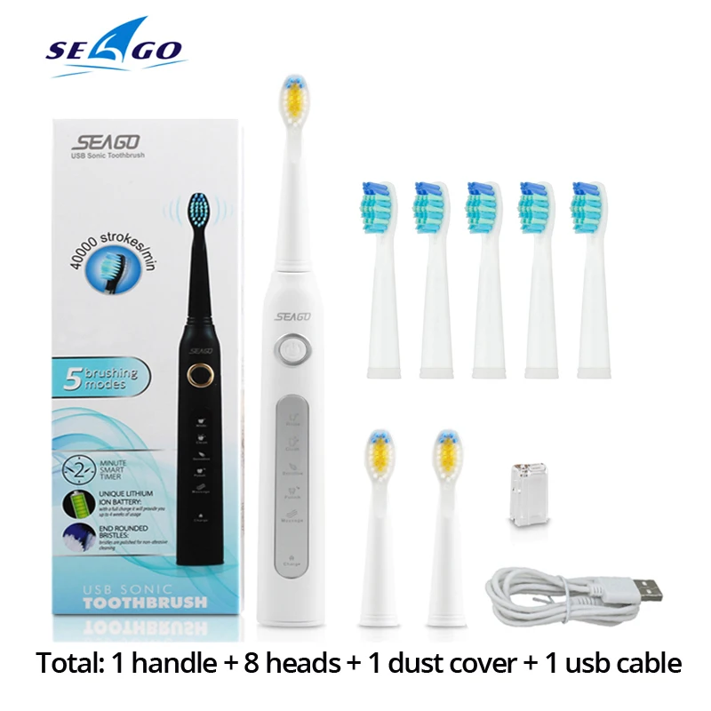 white5head Seago SG-507, электрическая зубная щетка для взрослых с таймером, электрическая зубная щетка с зарядкой от USB, 3 шт., Сменная головка щетки - Цвет: white5head