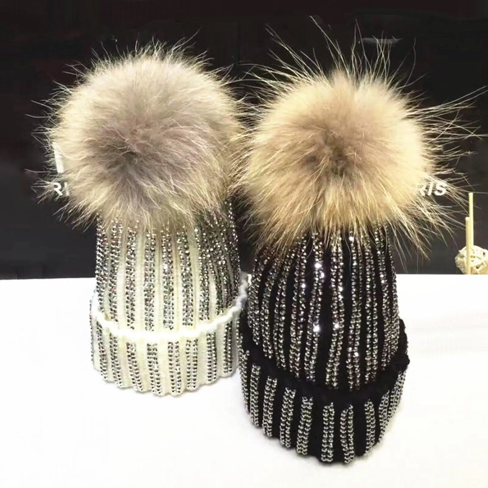 

Зимняя уличная теплая женская вязаная шапка стразы из плотной шерстяной пряжи шапка