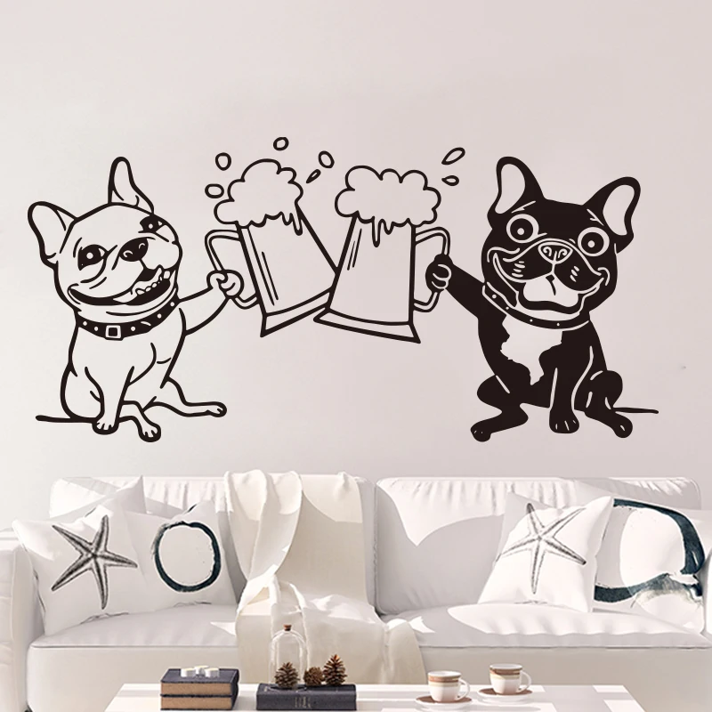 

French Bulldog Toasting Drink Beer Wall Sticker Bar Kitchen Bulldogs Pet Friend Alcohol Beer Wall Decal Dinning Room Decor D1821