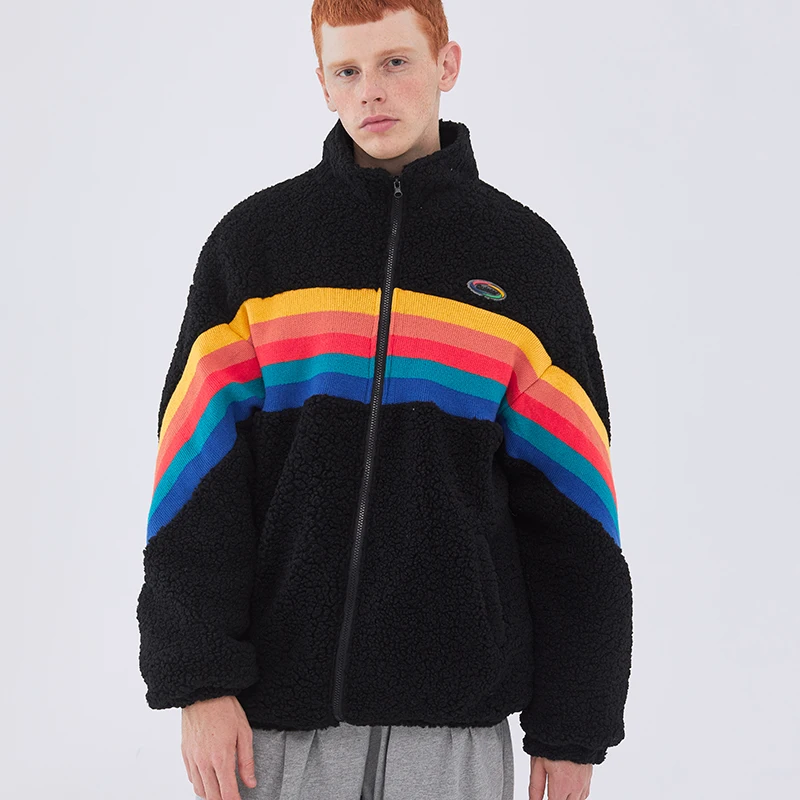 2021 Harajuku Furry Down Jackets Men Rainbow Striped Padded Zipper Coat Streetwear Hip Hop Fashion Winter Outwear Tops Clothing