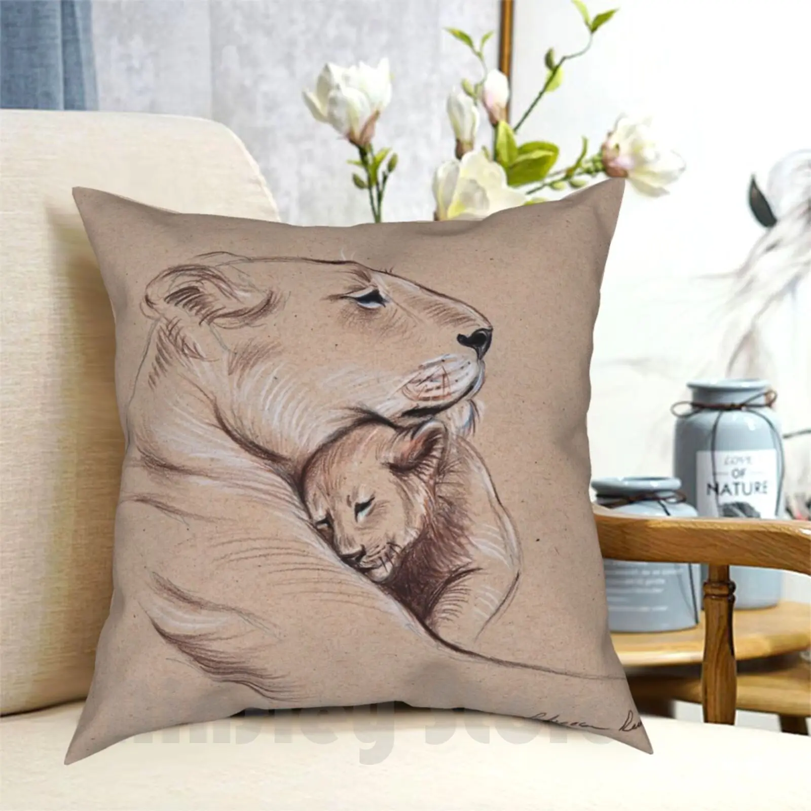 

" A Mother'S Pride " Lioness And Cub Original Pencil Drawing. Pillow Case Printed Home Soft Throw Pillow Peace Animals