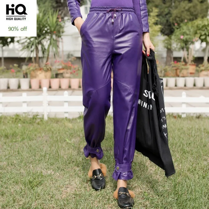 Casual Loose Fit Genuine Leather Sheepskin Womens Harem Pants Autumn Winter New Drawstring Waist Streetwear Ankle Length | Женская
