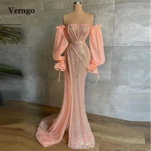 Verngo exquisitos vestidos de fiesta de noche, vestido de fiesta exquisito de sirena Rosa desnuda, mangas largas abullonadas, sin tirantes, huesos, abertura lateral alta, 2022 (1)
