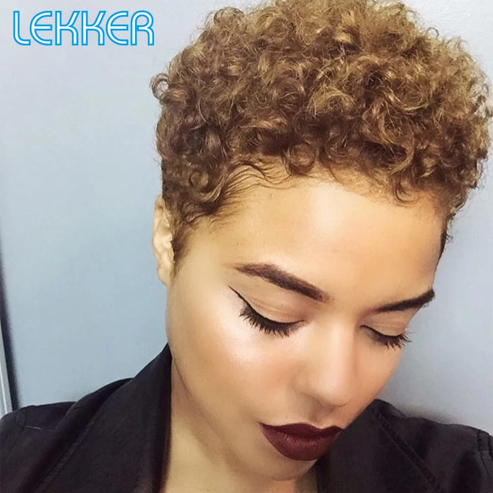 

Lekker Blonde Pixie Curly Bob Парик из человеческих волос для женщин Natural Afro Kinky Curly Brazilian Remy Hair Ombre Темно-коричневые цветные парики