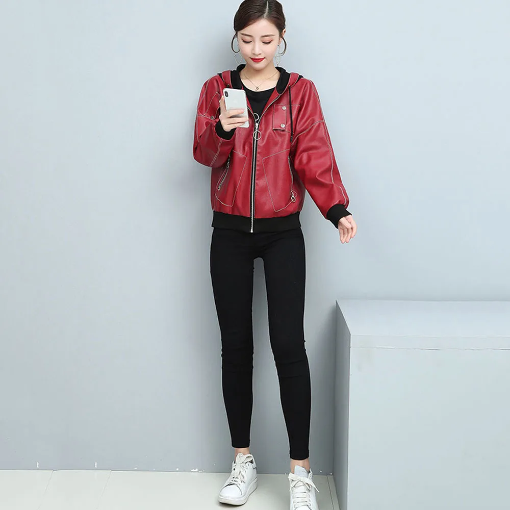 

2021 New Spring Autumn Faux Leather Jackets Women Hooded Zipper Vintage Pu Coat Female Plus Velvet Black Casual Leather Jacket
