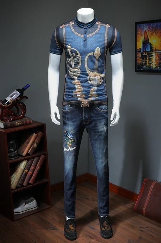 Футболка-поло с коротким рукавом золотисто-синяя Клубная вечерние принтом для