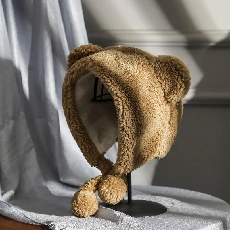 

Winter Cute Bear Ears Warm Hat Women Beanies Windproof Cap Student Women Add Wool Cap Female Hat Present