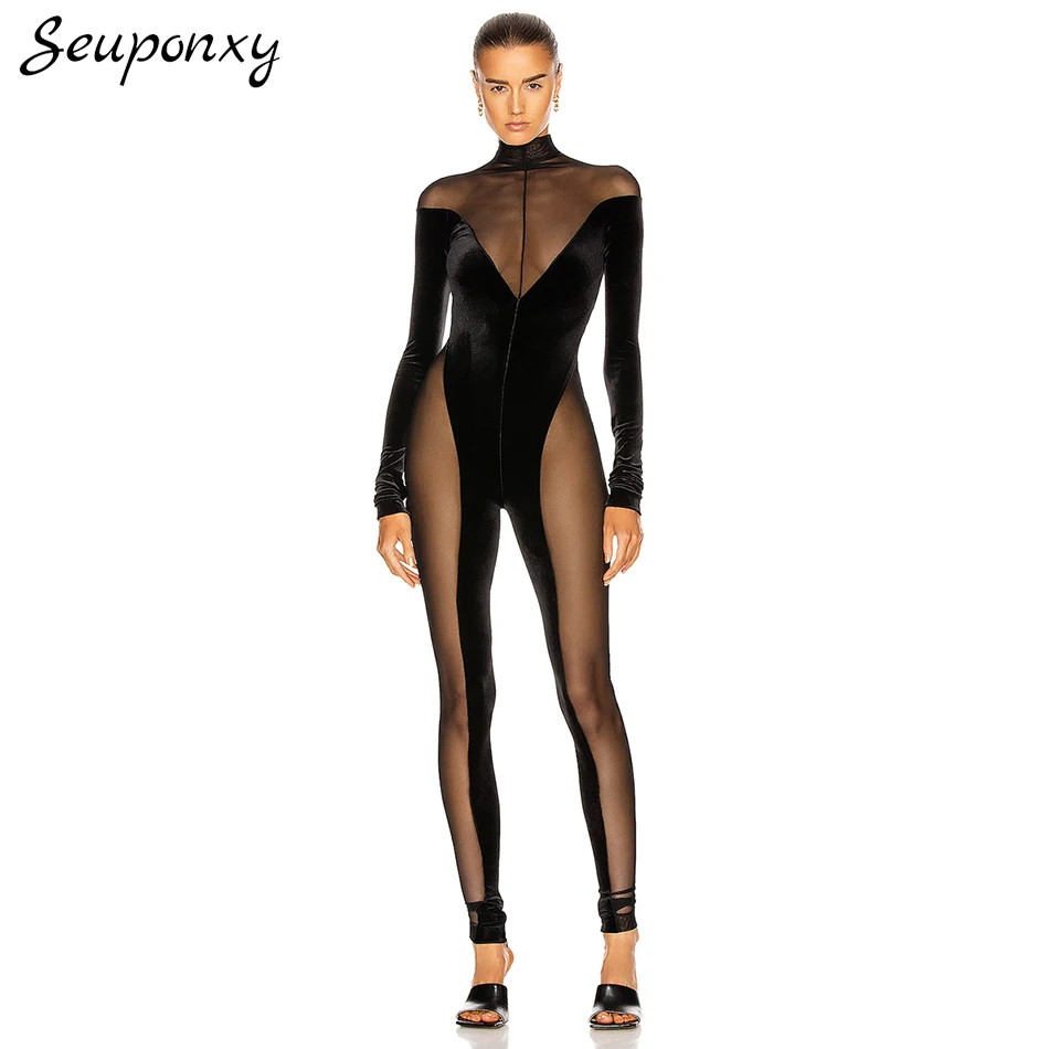 

High-Quality Spring Velvet Patchwork Mesh See-Through Women'S Jumpsuit 2022 New Long-Sleeved Sexy Bodycon Fashion Jumpsuit