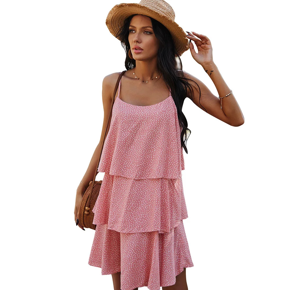 

Women Summer Spaghetti Strap Dress Loose Cake Layer Dress O-neck Ruffle Sleeveless Knee-length Dress 2021 New Casual Fashion