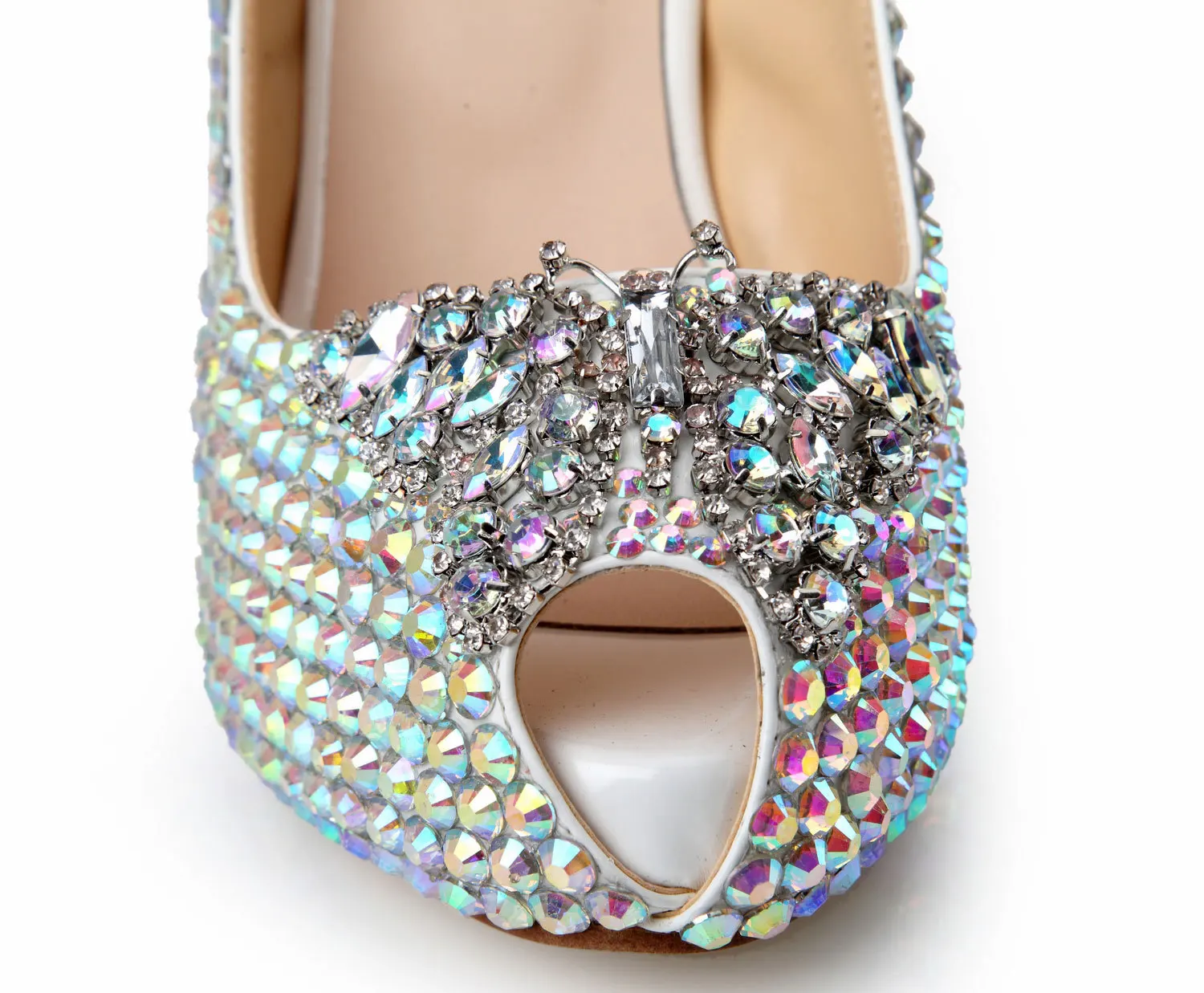 

new color diamond thin heel leaky toe fish mouth high heels color butterfly drill button hand made bride shoes