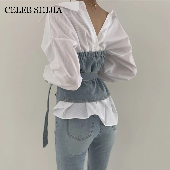 Женская летняя сексуальная рубашка без бретелек Топ с поясом джинсовый жилет