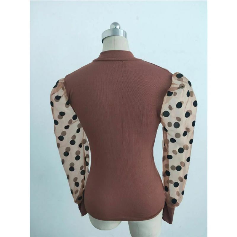 2019 New Fashion Elegant Slim Polka Dot Puff Long Sleeve Tops Shirt Turtleneck Fall Blouse Women's Sheer Mesh See-through | Женская