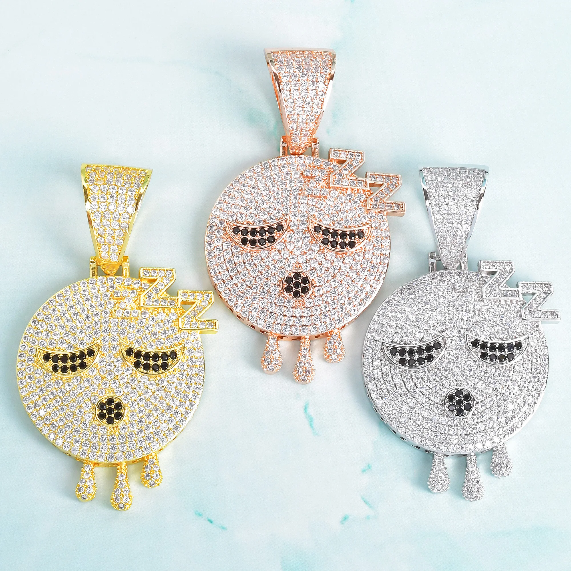 

Sleeping Drip Round Face Pendant 4mm Tennis Chain Gold Color Cubic Zircon Men's Hip Hop Necklace Rock Jewelry