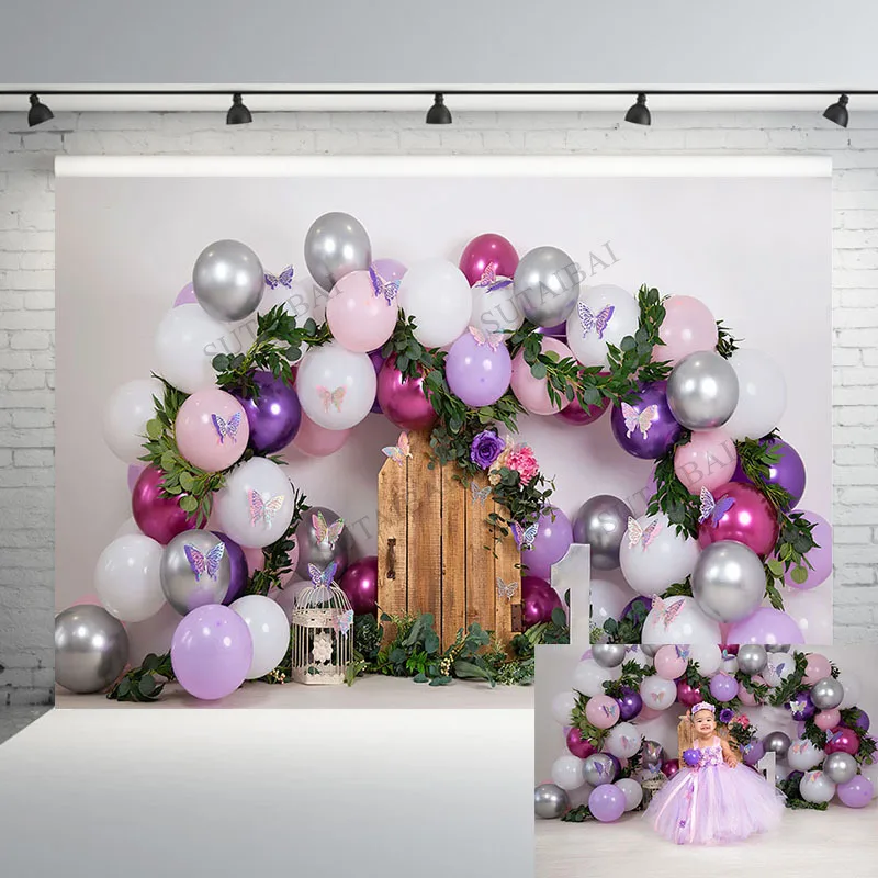 

Butterfly Balloon Green Leaf Photography Backdrops Baby Shower Birthday Party Background Customized Children Photographic Prop