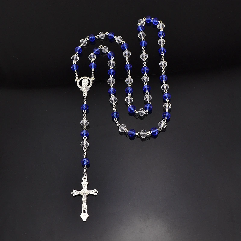 Ожерелье женское католическое серебристое с синим и белым кристаллом четки Девы