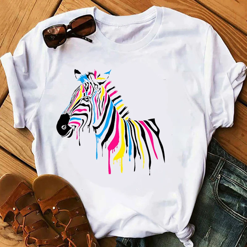 

A zebra Printed T-shirts Women Summer Shirts for Women O Neck Short Sleeve Graphic Tee Plus Size Summer Women white Tops