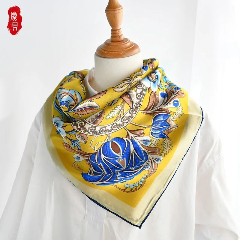 

Dark blue natural silk women scarf 100% real silk spring summer scarves 90cm big square bandana wrap elegant yellow shawl ladies