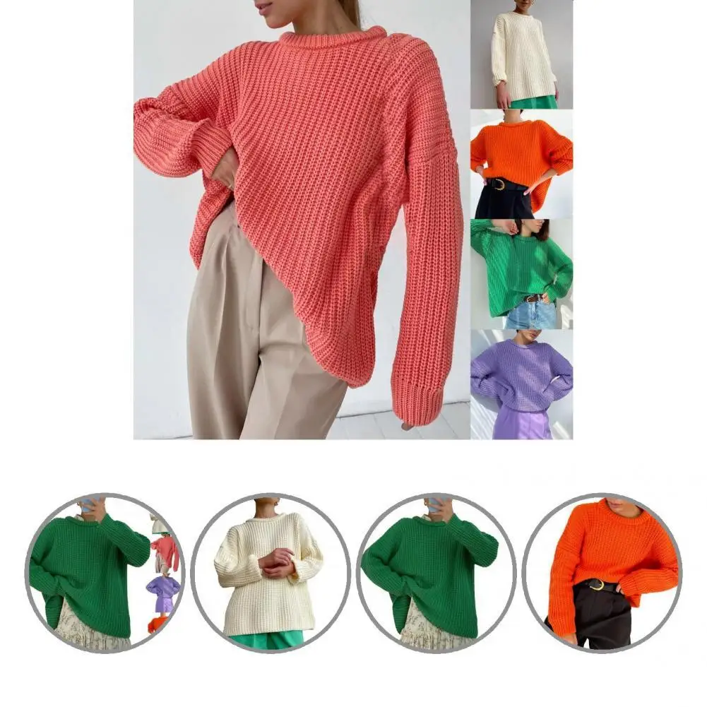 

Comfy Casual Plain Weave Candy Color Sweater Warm Loose Pullover All Match for Daily Wear