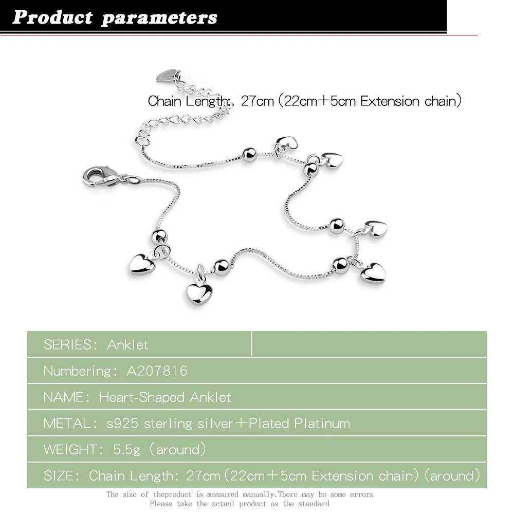 Браслеты на ногу женские из стерлингового серебра 925 пробы анклет в форме сердца