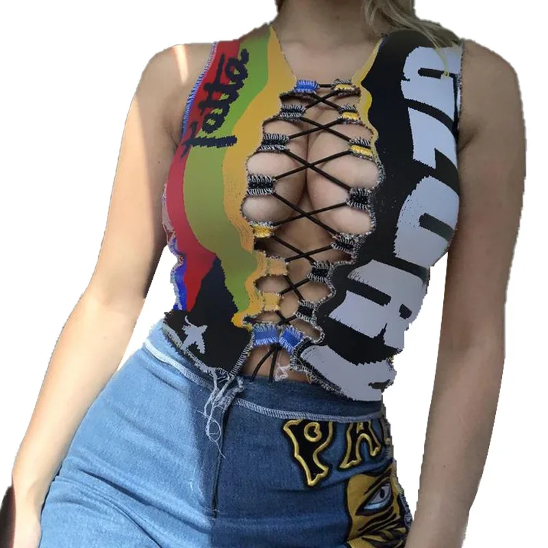 

Sexy Hollow Out Bandage Crop Tops Women Fashion Club Party Wear Tank Tops Punk Style Patchwork Street Vest Summer Womens