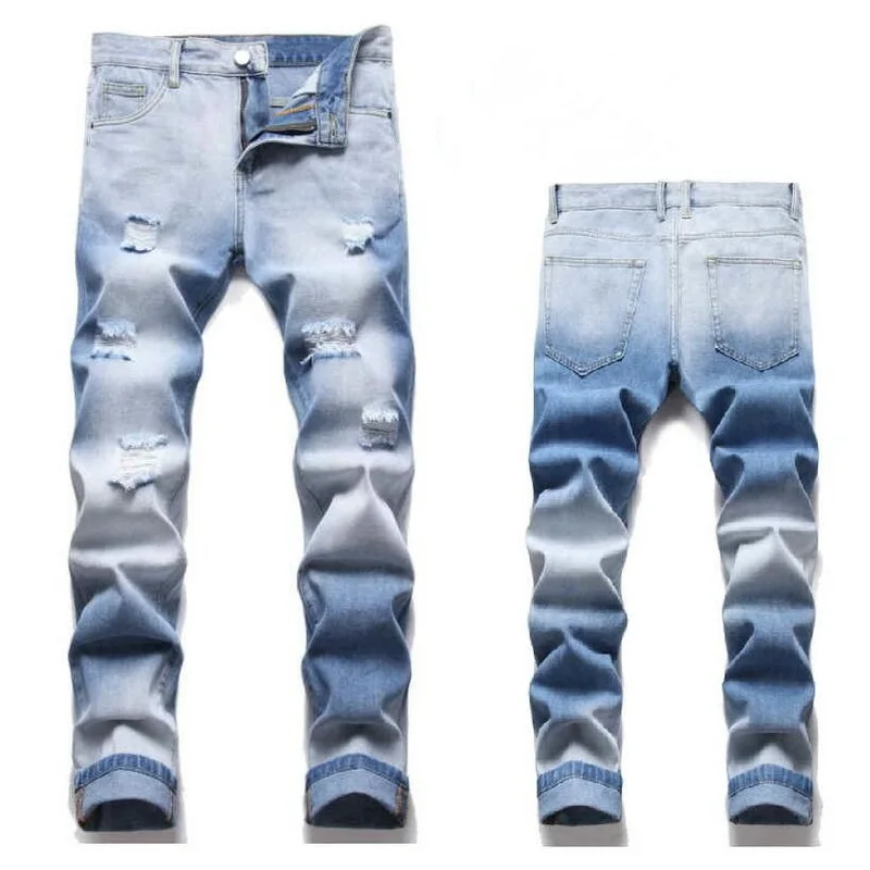 Men Jeans Patchwork Slim Multicolor Skinny Jeans Streetwear Ripped Stretch Denim Pants Holes Trousers Multiple Styles