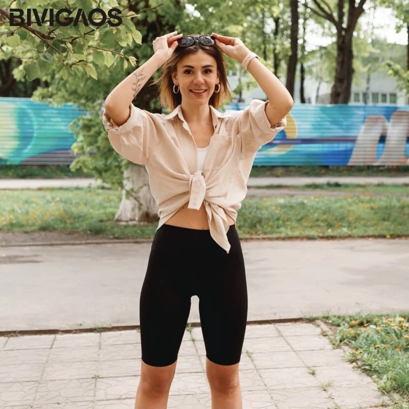 BIVIGAOS весна-лето эластичные шорты до колена байкерские женские высокая талия