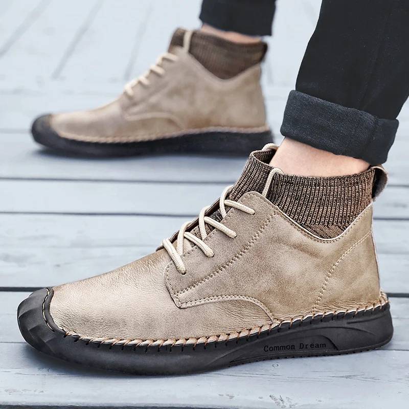 Модные мужские зимние ботинки плюшевые теплые Водонепроницаемые кожаные