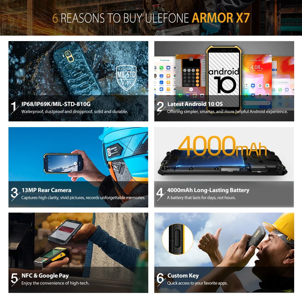 Ulefone Armor X7 5.0-inch Android10 Rugged Waterproof Smartphone Cell Phone 2GB 16GB  ip68 Quad-core  NFC 4G LTE Mobile Phone