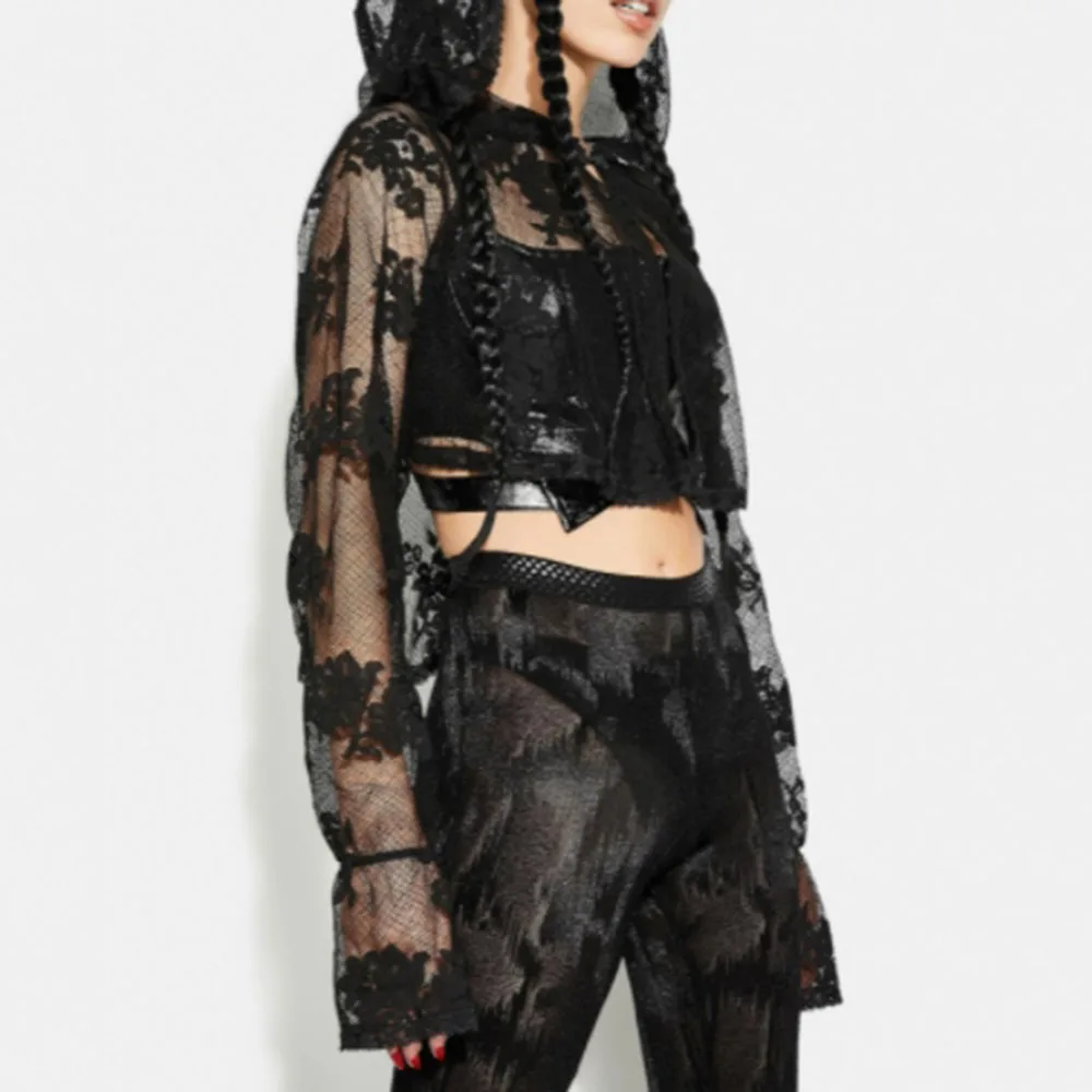 

2021 Summer New High Street Fashion Women's Blouse Solid Color Lace Hooded Navel Long Sleeve Gothic Casual Designer Creative